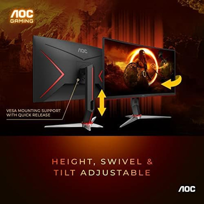 C27G2Z 27" Curved Frameless Ultra-Fast Gaming Monitor, FHD 1080P, 0.5Ms 240Hz, Freesync, HDMI/DP/VGA, Height Adjustable, 3-Year Zero Dead Pixel Guarantee, Black, 27" FHD Curved