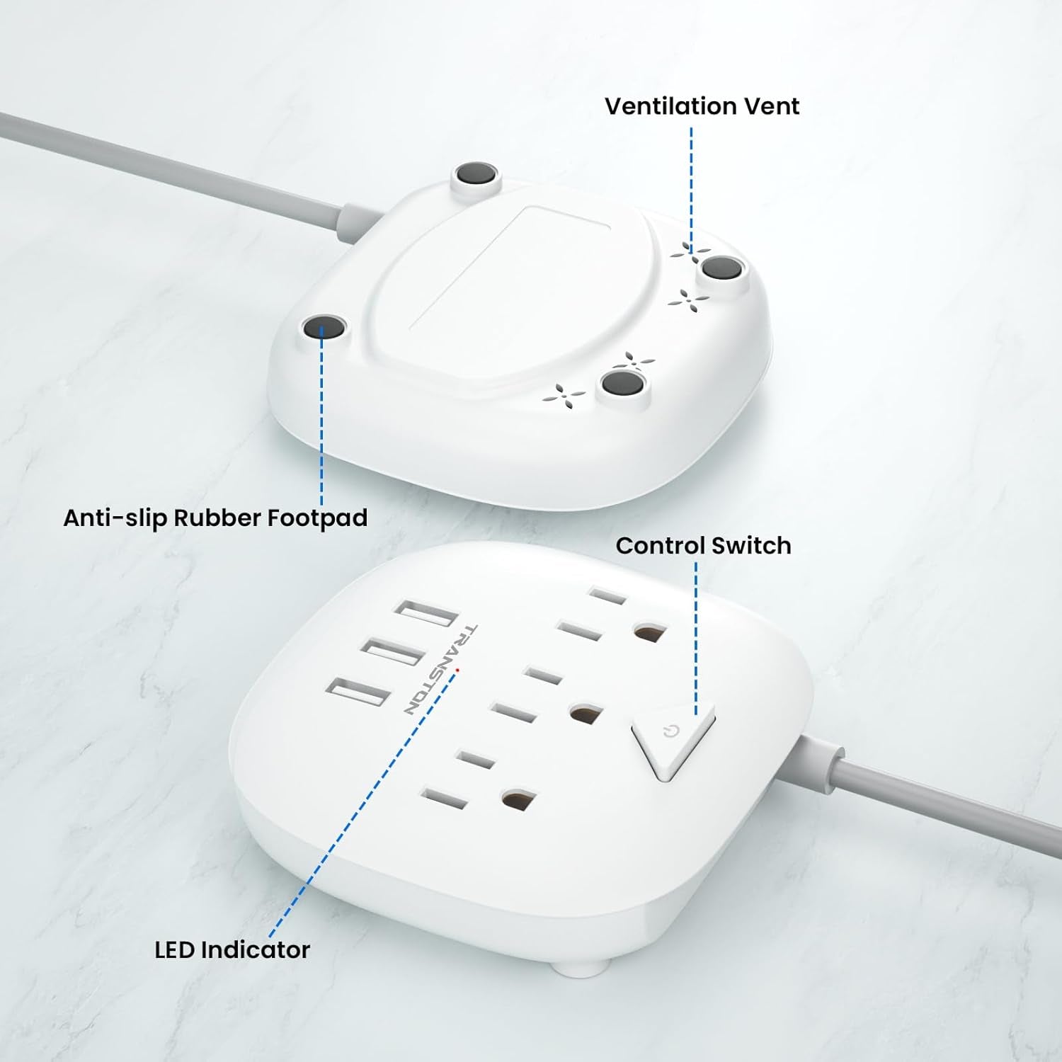 Power Strip 3 Outlets and 3 USB Ports with Switch Control, Desktop Charging Station with 5 Ft Extension Cord, Compact for Nightstand, Office and Travel - White